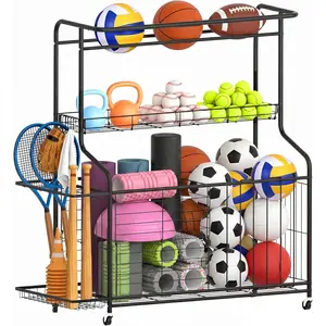 Equipment Organizer -Heavy Duty Rolling Garage Storage Rack & Ball Holder, Large Capacity Cart for Outdoor  Storage & Garage Storage
