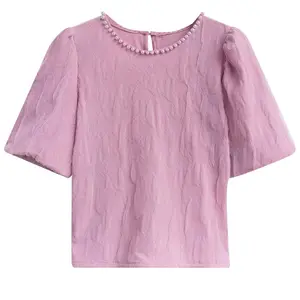 Lilac Pearl-Trim Blouse - Delicate Elegance for Every Day, Soft Pastel Fabric, Puffed Sleeves, Lightweight Flowy Design - Womenswear, Feminine, Faux, Top, Elegant, Dressy, Shirts, Casual t shirt