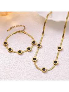 Chic Black Onyx Herringbone Jewelry Set, Gold Tone Stainless Steel Necklace and Bracelet, Ideal Gift for Her