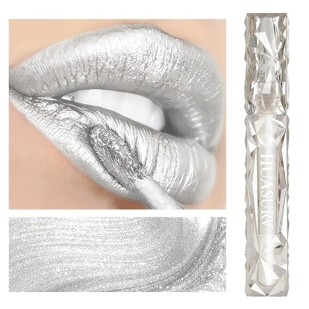 Huasurv Metal Silver Color Lip Gloss Balm, High Saturation, Glossy, Long-Lasting, Non-Fading, Ideal for Cosplay, Stage Makeup, Music Festivals