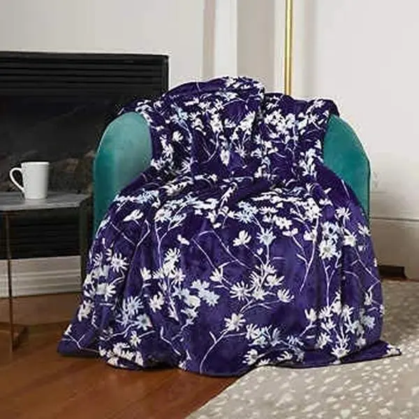 Plush Throw Blanket with Foot Pocket 60 x 70 inches Super Soft Dark Blue and White Floral PrintQ