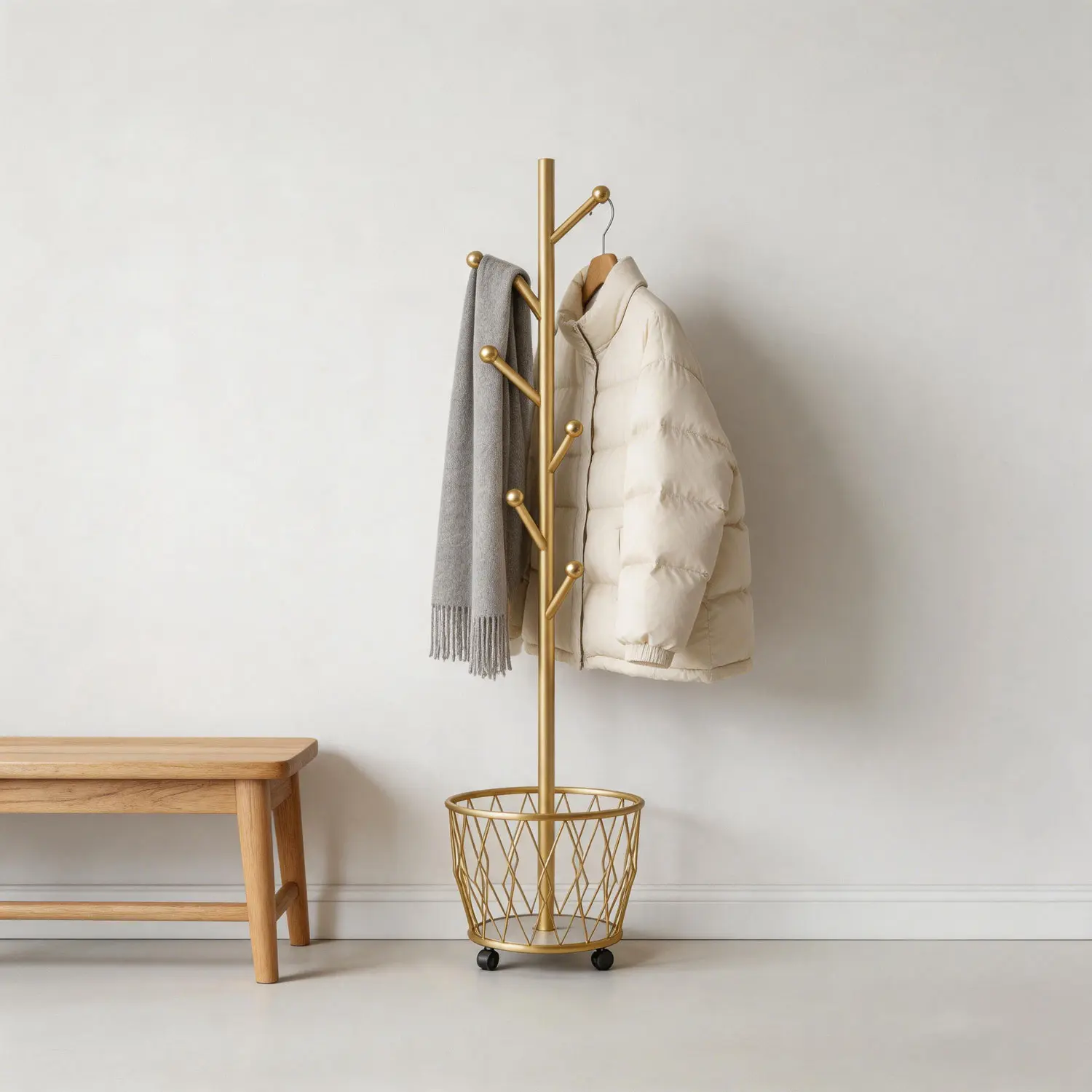 Golden Tree-Shaped Coat Rack - Metal Frame, Lightweight Freestanding Moveable Home Organizer with Natural Tree Silhouette, Golden Branch Basket, Multi-Hooks for Jackets, Hats, Bags, Jumpers, Dresses