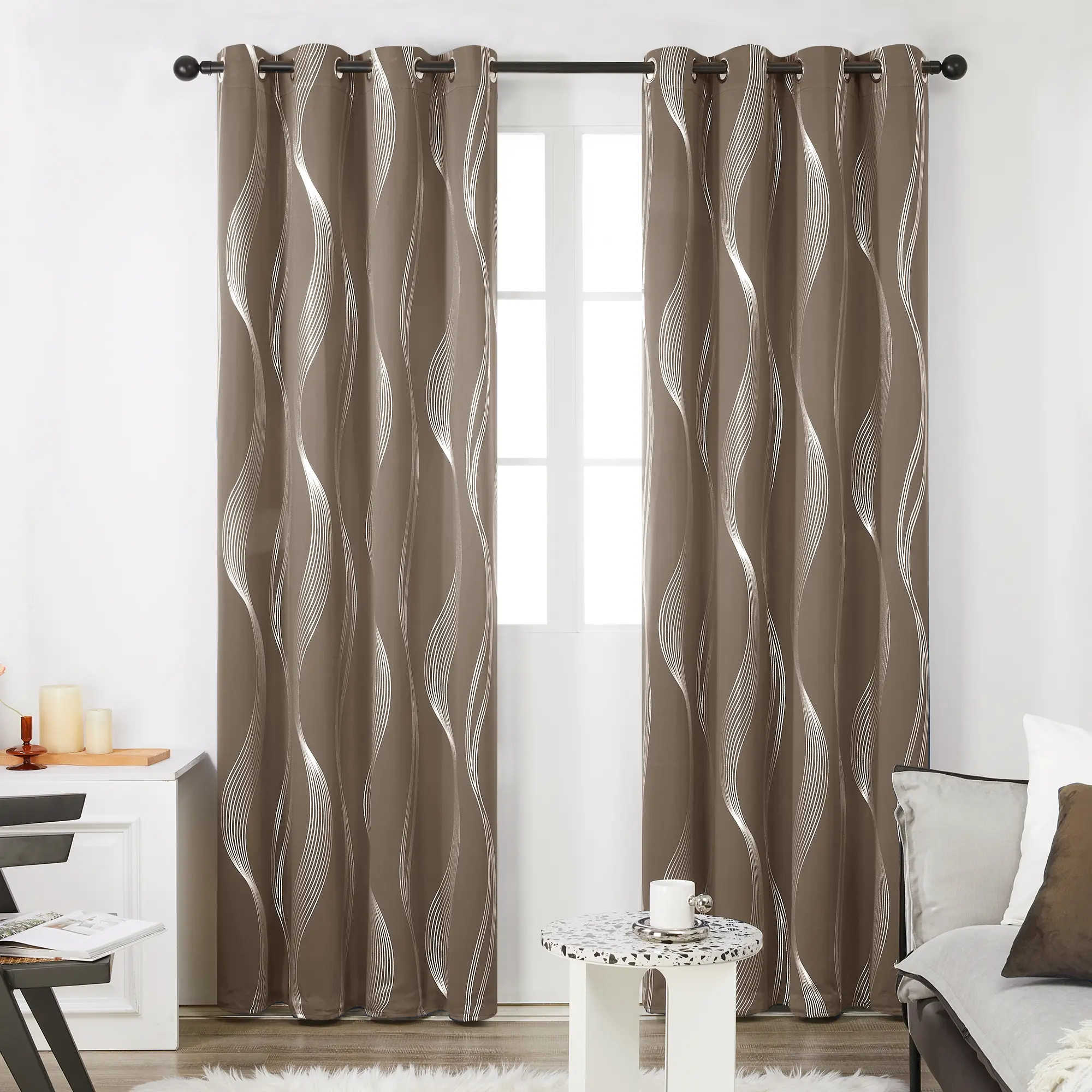 Deconovo Hot Silver Blackout Home Decoration Curtain 2-Panel Set, Silver Printed Wave Stripe Window Drapes, Multi-Function Energy-Saving Thermal & Acoustic Curtains for Living Room, Bedroom
