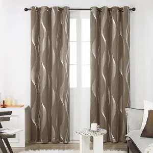 Deconovo hot silver blackout curtains (2 panels, silver printed wave stripe pattern)-thermal and acoustic curtains for living room and bedroom