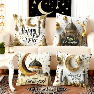 4pcs Eid al-Fitr Throw Pillow Covers 18x18 Inch Eid Mubarak Decorative Cushion Cases Featuring Moon Lanterns Green-Leafed Flowers Pattern Design Polyester for Happy Eid Home Sofa Decor (Inserts Not Included)