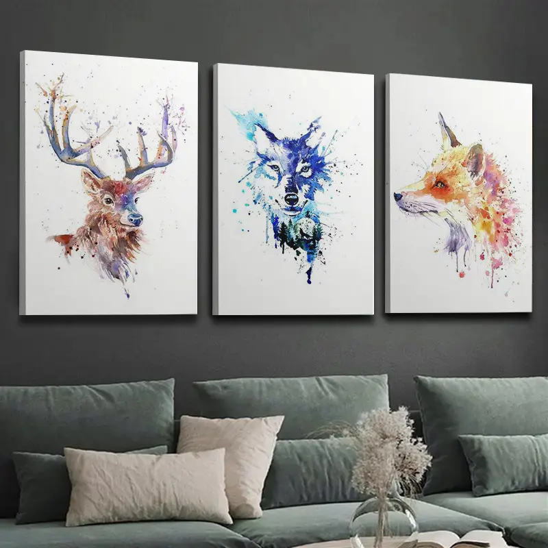 3-Piece Framed Wildlife Canvas Prints Set - Farmhouse Artistic Waterproof Glossy Decor, Watercolor Deer/Wolf/Fox Paintings, Hanging Kit Included, Ideal for Wildlife Enthusiasts, Room Wall Decor Supplies, Animal Art, Kid Room, Contemporary, Kitchen, Decora