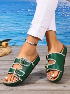 Women's Outdoor Sandals 2026 New Buckle Design, Fashionable High-End Beach Slippers, Versatile Plain Style Summer Shoes Platform Buckle Slide, Buckle Decorated Slippers