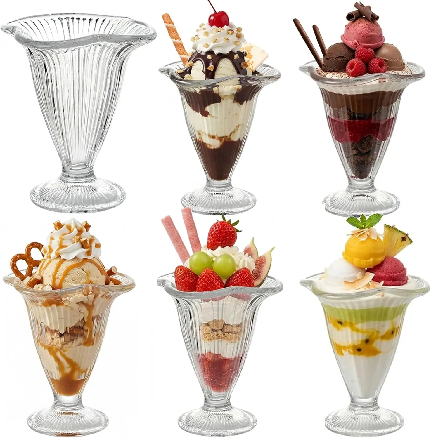 6-Pack 6oz Retro Ribbed Classic Tulip Sundae Glasses Set - Footed Base Cup, Sturdy Thick Kitchen Tableware for Ice Cream, Milkshake