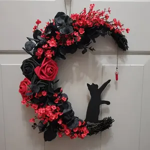 1pc 35.56cm Gothic Halloween Cat Moon Wreath - Black Cat Silhouette with Red Roses & Greenery, Crystal-Adorned Door Hanging Decor, Durable Plastic Spooky Wall Art for Home, Witchy Gift, Home Decor Ornament