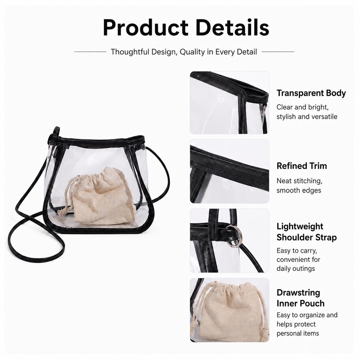 Trendy Transparent Tote Bag for Women, 2-in-1 Clear Bucket Bag with Inner Pouch, Elegant Top-Handle Handbag, Fashionable See-Through Shoulder Purse, Chic Western-Style Casual Purse, Versatile Sophisticated Aesthetic Beach Gift for Her Girls