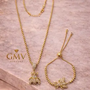 GMV Jewelry Queen Bee Royale Set 18k Gold Plated Necklace and Bracelet with Delicate Bee Pendant for Elegant Accessory
