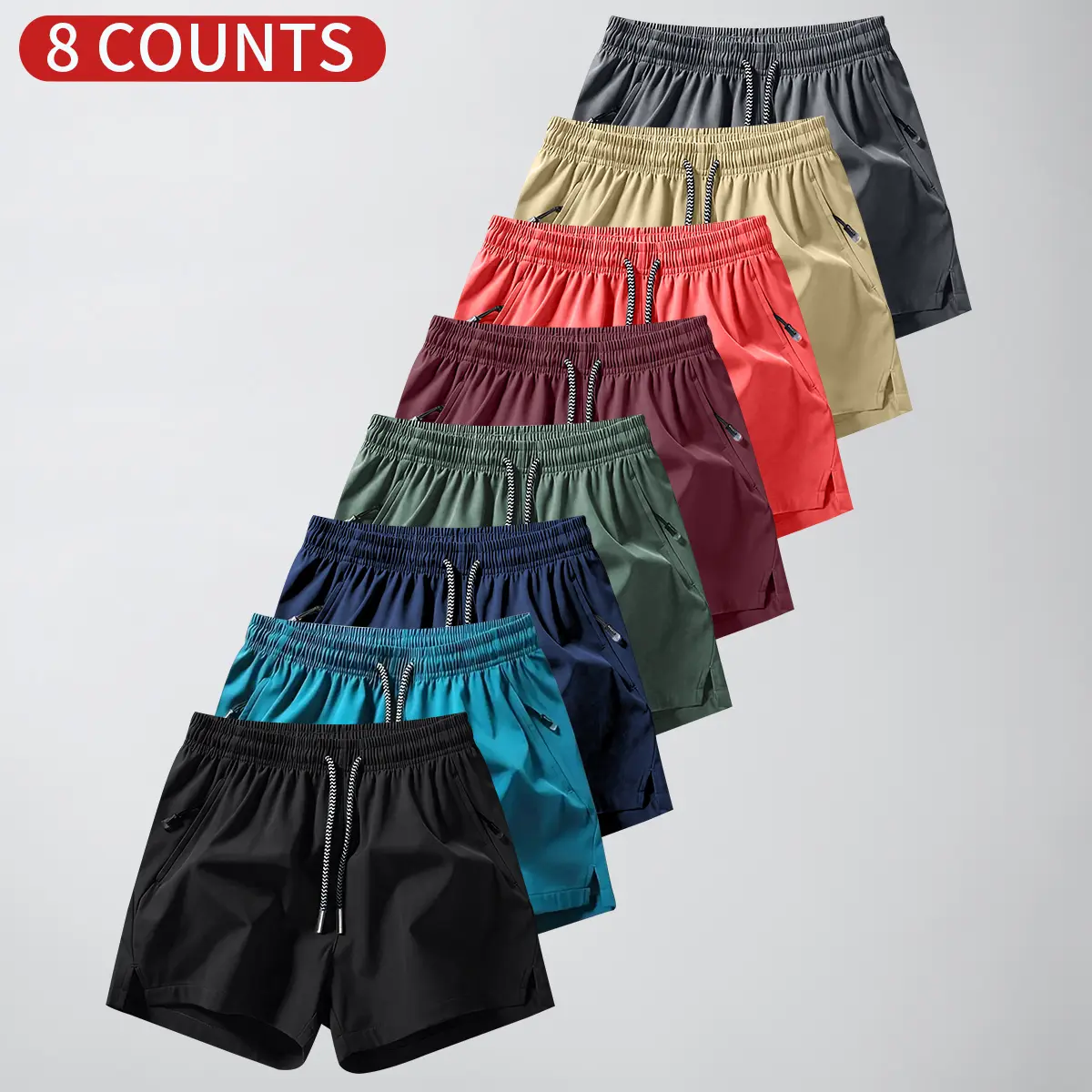 8PCS-Men's zipper pocket quick dry shorts, Men's Casual Breathable Shorts,regular fit casual comfortable breathable shorts, suitable for gym workouts and running wear, men's summer bottoms, activewear, summer shorts