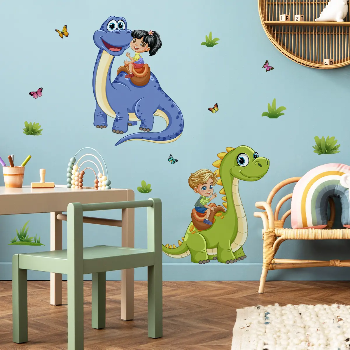 Hand-Drawn Dinosaur Butterfly Wall Art Stickers Decals Set, 2 Sheets (30x90cm), Decorative Home Decor for Living Room & Bedroom Walls
