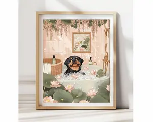 [UNFRAMED POSTER] Rottweiler in Bathtub Poster Funny Japanese Poster, Japandi Dog Decor, Minimalist Pet Wall Art, Quirky Bathroom Print, Rottweiler Lover Gift