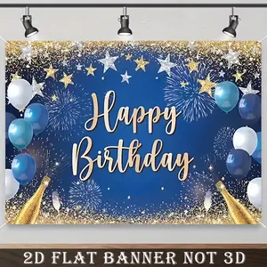 2D Flat Banner, 1pc Black Silvery Balloon Background with Golden Stars, Perfect for Birthday, Celebration, Parties Decoration, Polyester Material, Birthday Party Decorations | Starry Night Design | Durable Balloons, Birthday Party Decorations