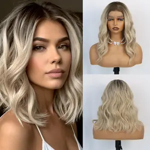 Aodbar hairs Ombre Blonde Short Wave Wig Synthetic Hair Heat Resistant Fiber Hair 14 Inch Rooted Blonde Short Wave Bob for Women Glueless 13*4 Transparent Lace Wig Pre Plucked Natural Hairline