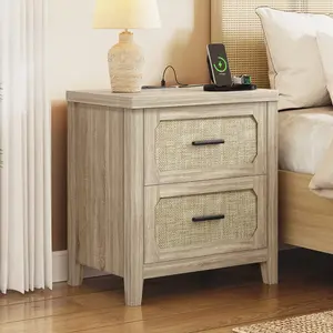 Sikaic 22 inch Rattan Nightstand with Charging Station & 2 Storage Drawers, Boho Night Stand End Side Table with 2 Drawers & Open Shelf for Bedroom, Grey Oak summergarden