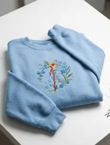 Embroidered Anime Wand Floral Crewneck Sweatshirt, Blue Flowers Crewneck