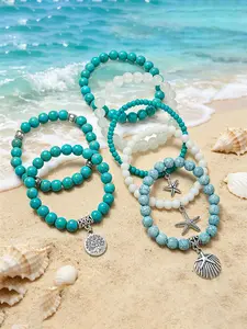 Oceanic Turquoise Agate Bracelet Set, Exquisite Bracelet, High Quality Bracelet, Vintage Starfish Shell Pendant Beads, Vacation Style Layered Accessories