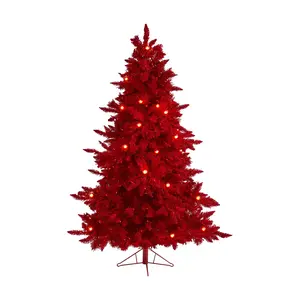 Nearly Natural 6' Red Flocked Christmas Tree w/ Lights