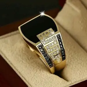 Men's Engagement Ring, 14k Gold Plated Alloy Fashion Business Men Cubic Zirconia Inlaid for Men, Party Accessories and Gift