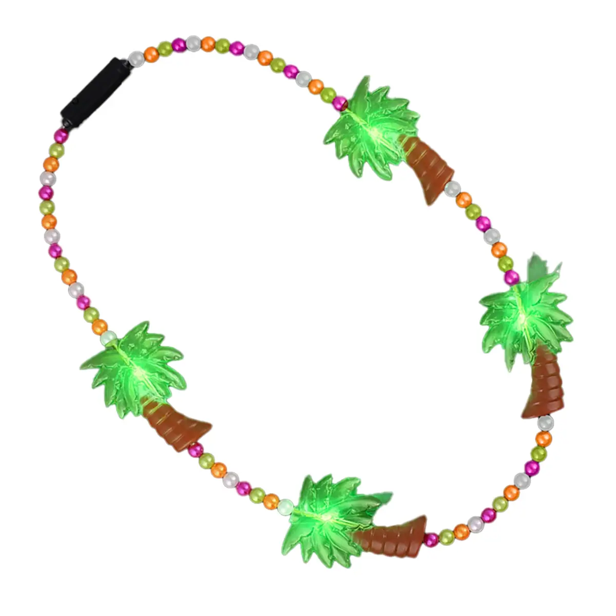 212 MAIN 37 In Light-Up LED Beaded Palm Tree Necklace - 4 Charms, Pull Tab & Mode, Long Length, Orange Accents, 3 AG13 Batteries Powered, Festive Birthday Party Bag Gift Supply, Led Lights, Green Led Lights