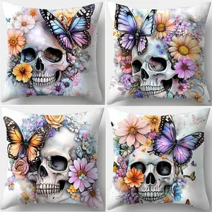 Skull & Flower Pattern Cushion Cover, Square Throw Pillow Cover, Household Decoration Supplies for Home Living Room Bedroom