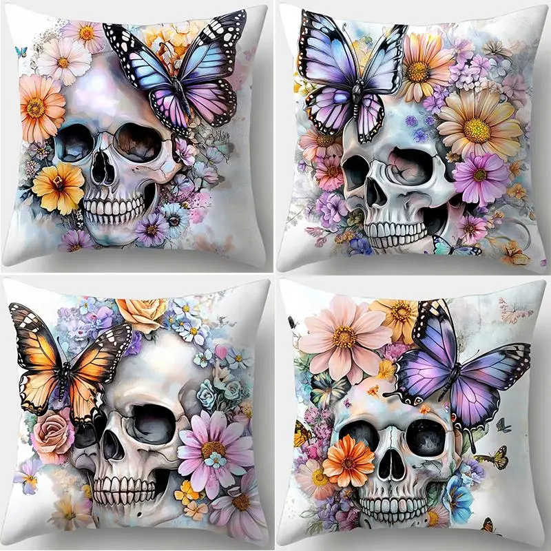 Skull & Flower Pattern Cushion Cover, Square Throw Pillow Cover, Household Decoration Supplies for Home Living Room Bedroom