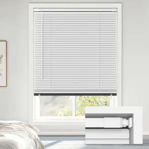 LazBlinds No Tools No Drill Cordless 1" Vinyl Mini Blinds, 100% Blackout Blinds for Indoor Windows, Room Darkening Privacy Window Blinds and Shades for Interior, 28" W x 48" H, White
