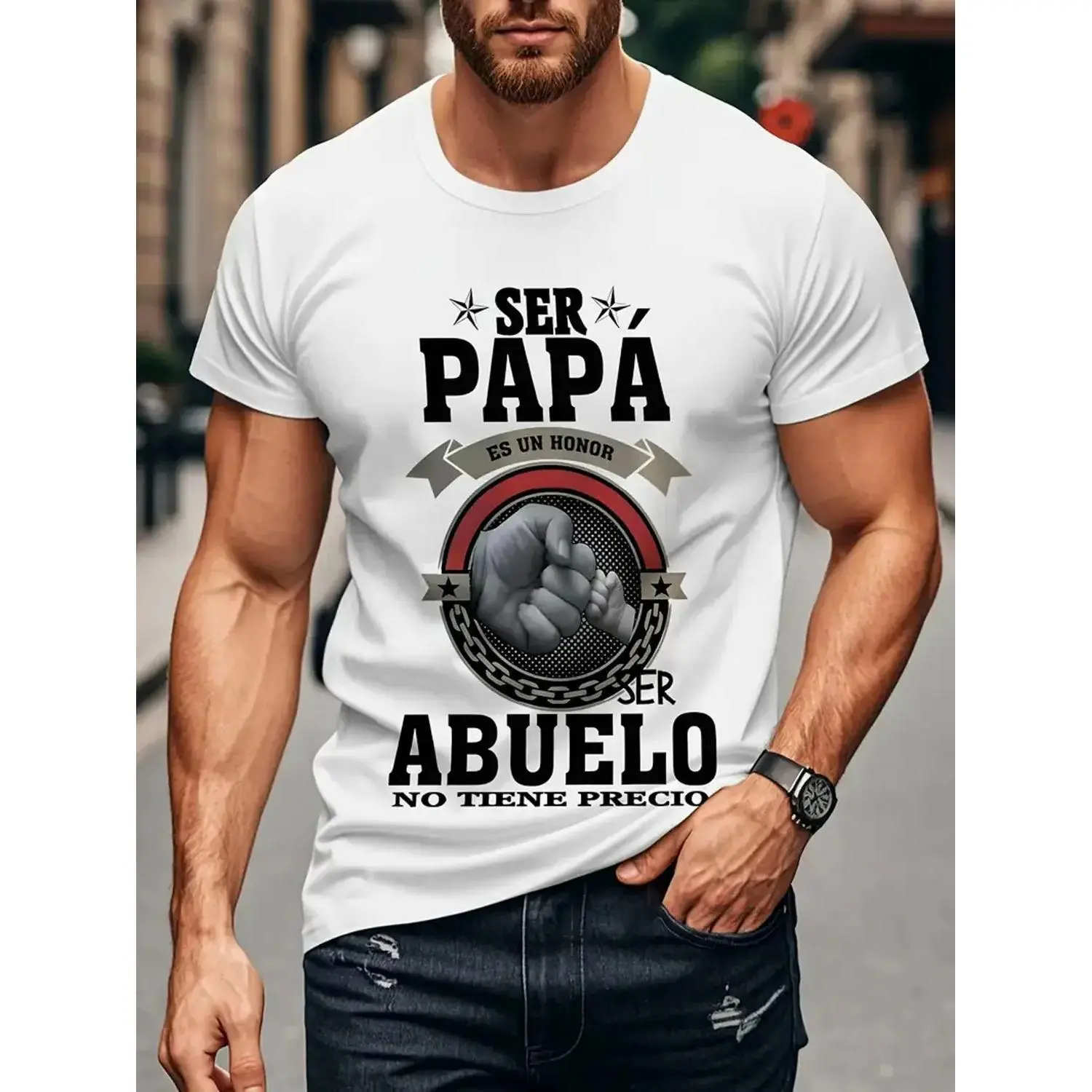 Men's Spanish Grandpa & Dad Pride T-Shirt - 100% Cotton "Ser Papa Es Un Honor/Ser Abuelo No Tiene Precio" (It's an Honor to Be a Father/Grandfather) Bold Text & Fist/Chain/Star Graphic, Casual Crew Neck Short Sleeve Tee for Spanish-Language
