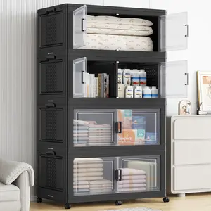 Broview 50Gal/150Gal/200Gal Stackable Storage Bins with Lid & Dividers, Extra Large Collapsible Containers, Plastic Closet Organizers and Storage Cabinet, Multi Compartments, Magnetic Clear Doors & Wheels. Perfect for Home/Closet/Garage,V40