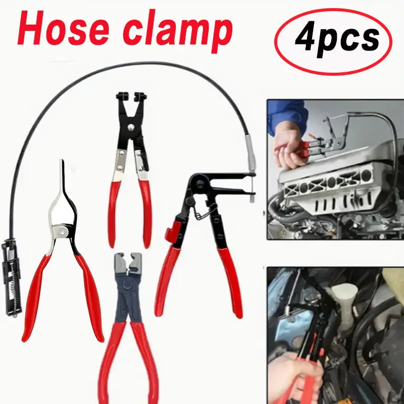 4Pcs Hose Clamp Pliers, Spring Coolant Radiator Hose Clamp Pliers Automotive Tools, Includes Swivel Flat Band Hose Clamp Pliers, Long-reach Cabled Hose Clamp Plier, Vice Grip, Hose Remover Pliers for Automotive Fuel Oil Water Hose, Coolant Radiator Heater