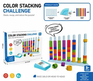 Color Stack Challenge Puzzle Game With 2 Stack Racks, 50 Challenge Cards, 80 Rings For Family Game Night And Group Parties