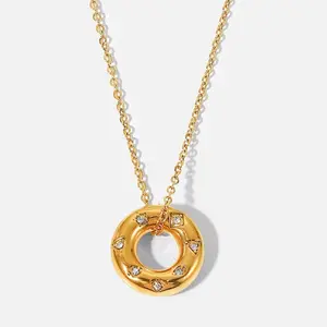 Hergy Vintage 18k Gold Plated Liberty Donut Circle Ring Pendant Necklace with Cubic Zirconia Waterproof High-polished