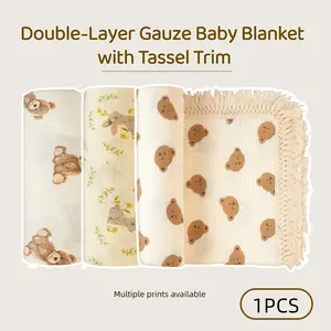 1pcs Baby Double Layer Fringe Blanket, Fun Print, Breathable Soft, Infant Wrap, Stroller Wind Cover, Baby Swaddle, Hospital Pack