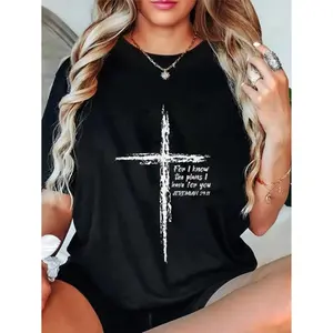 100% Cotton Unisex Cross I Know The Plans Verse Bible Jesus God Christian Gift T-Shirt Christ Christian Tops Casual Top