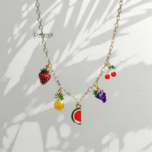 Fruit Charm Necklace: Gold Plated 16" Chain, Colorful Dangling Pendants, Watermelon, Grape, Strawberry, Cherry, Pineapple Jewelry Gift Women Men