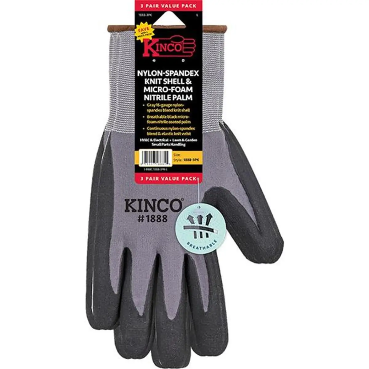212 MAIN Kinco 7014465 Men's Nitrile Safety Work Gloves, Gray, Large Size, 3-Pair Pack, for Indoor & Outdoor Use, Nitrile Gloves, Safety Gloves