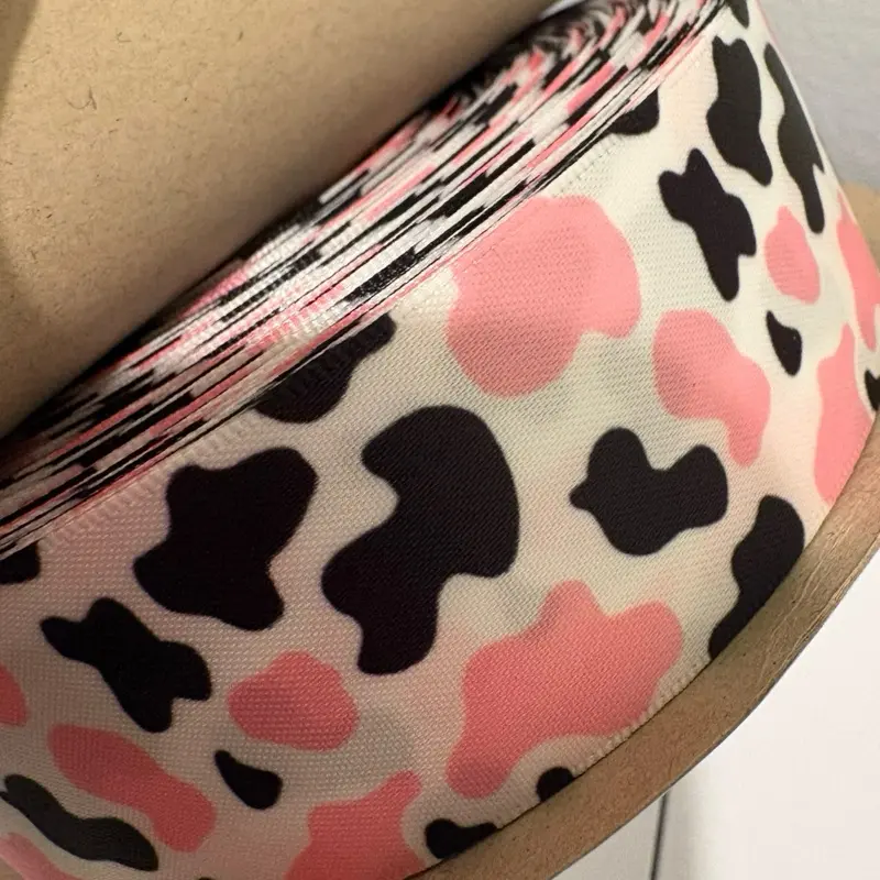 1.5” (4cm) PINK Cow Print Satin- 50 yards