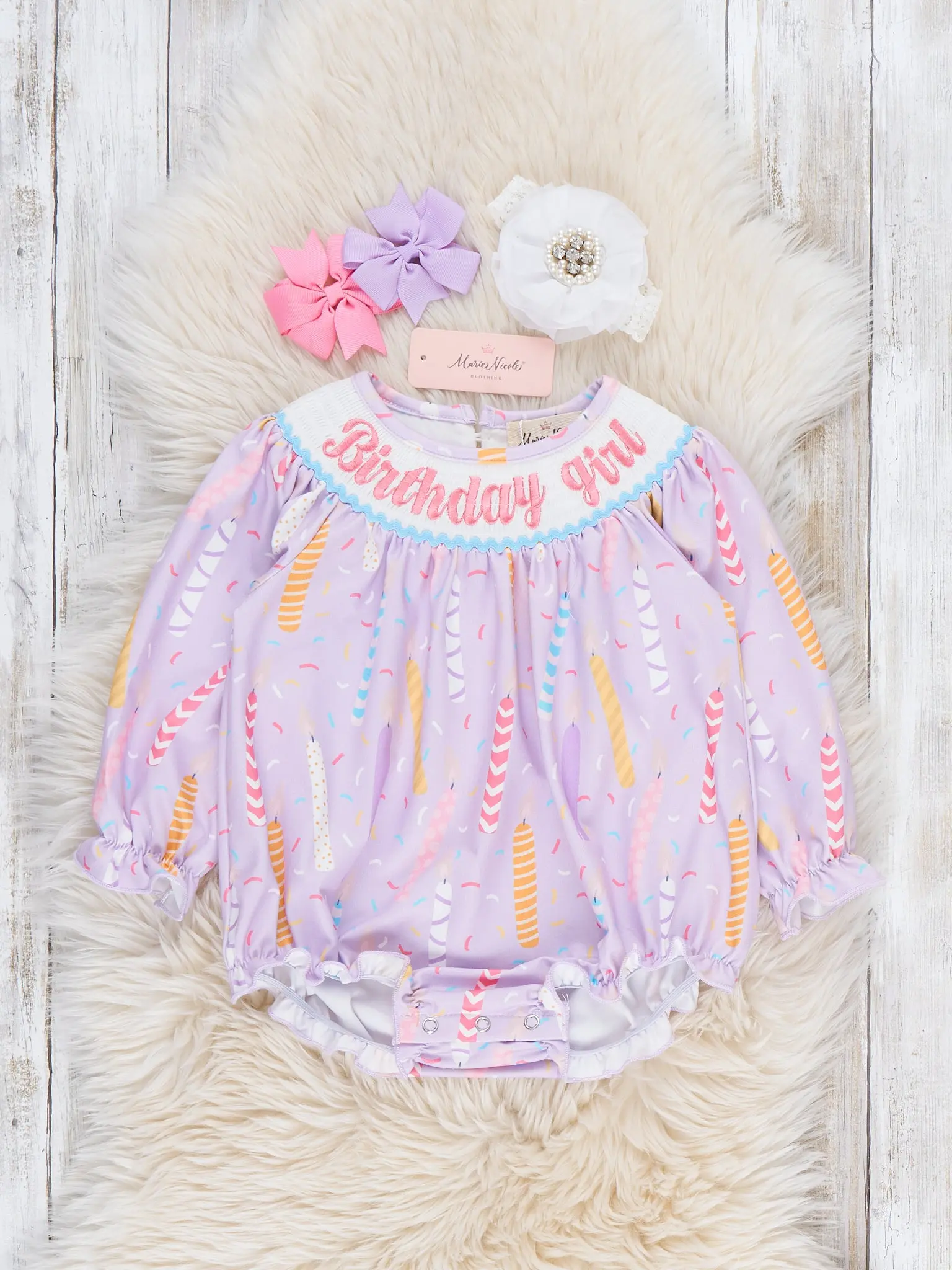 Birthday Girl's Candles Smocked Bubble Romper