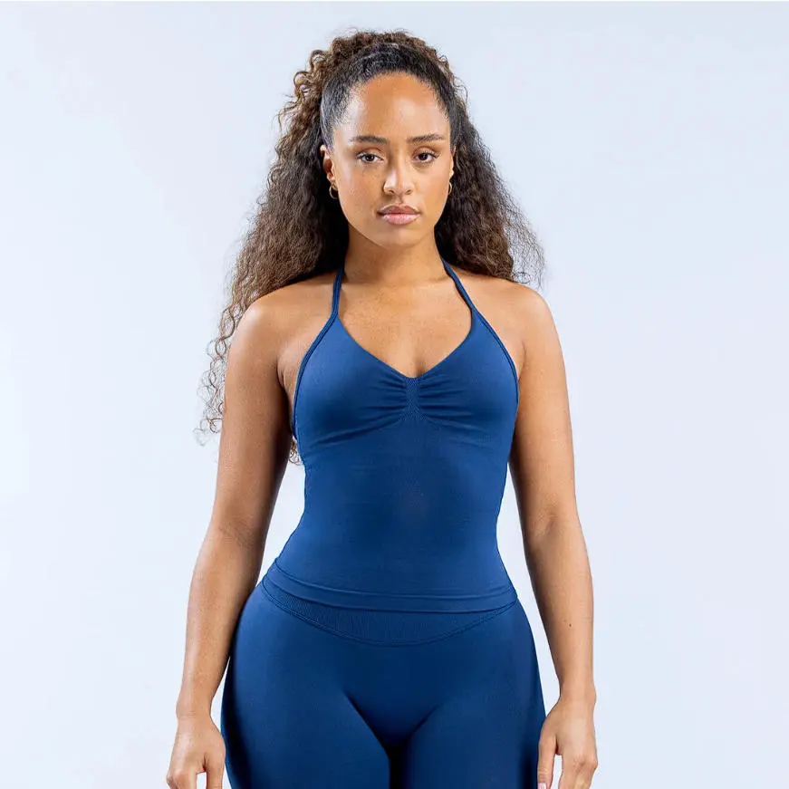 Women's 2-Piece Workout Set, Seamless Ruched Halter Crop Top and High Waisted Sculpting Shorts for Gym, Yoga & Fitness, Women's Clothes, Tank Tops, Sweatsuit Set, Sporty Casual Seamless, Gym Workout Apparel, Womens Fitness, Workout Outfit Inspo