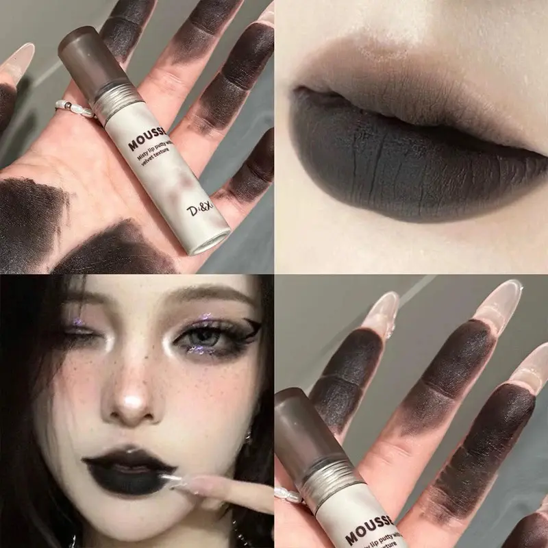 Gothic Matte Black Lipstick Waterproof Mousse Lip Mud Nude Brown Lipstick Dark Purple Punk Lip Gloss Makeup Non-stick Lips Tint