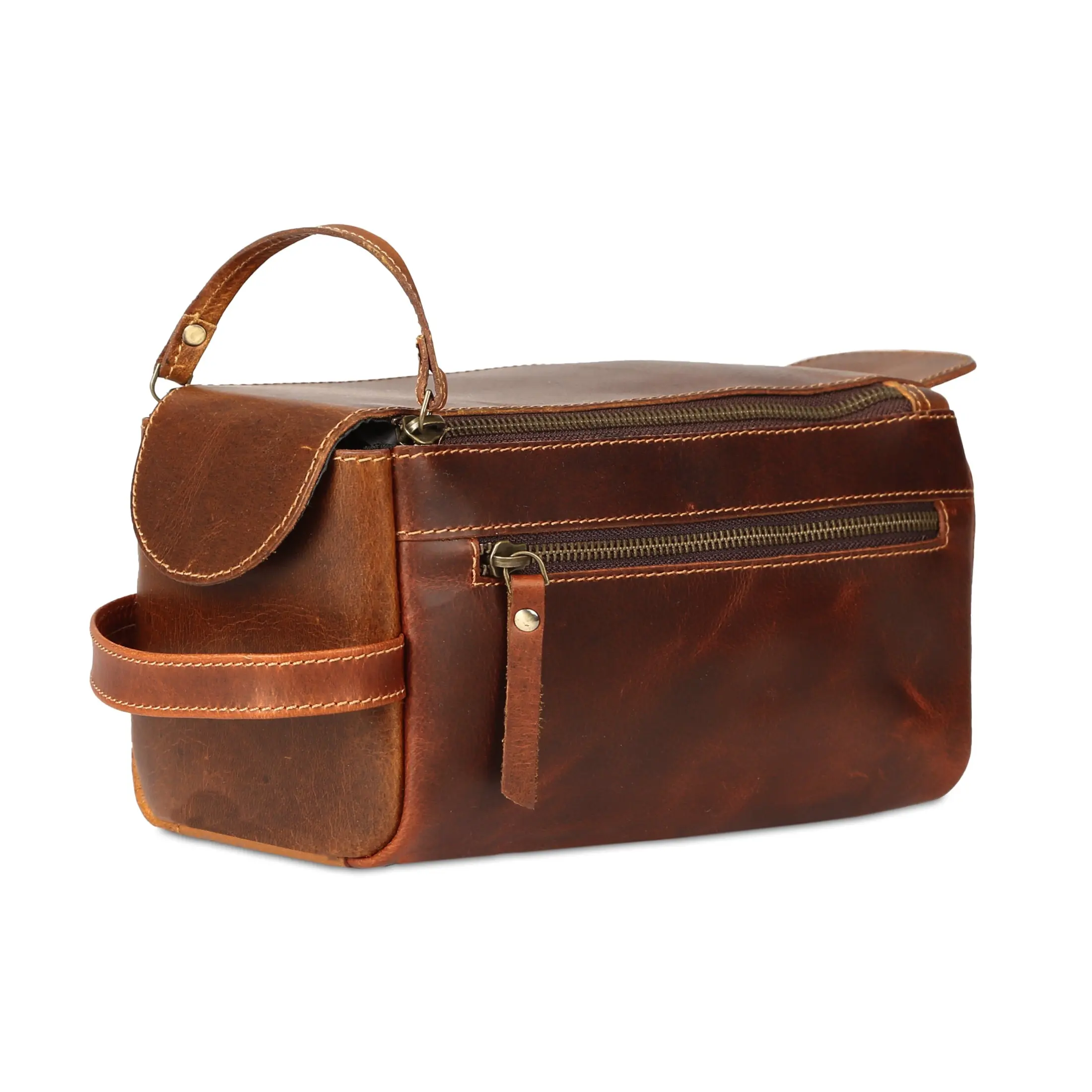 Genuine Buffalo Leather Toiletry Bag – Unisex Travel Dopp Kit (Distressed Orange Tan)