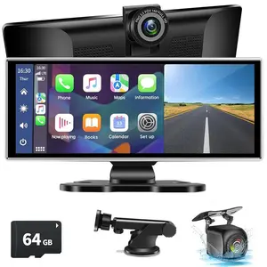 Universal Wireless Car Play & Android Auto Screen, Portable Touchscreen Display with 4K Dash Cam & 1080P Backup Camera, BT GPS Navigation FM