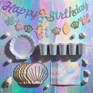 Holographic Mermaid Party Decorations Iridescent Under The Sea Girls Birthday Shell Tableware Plates Cups Tablecloth Baby Shower