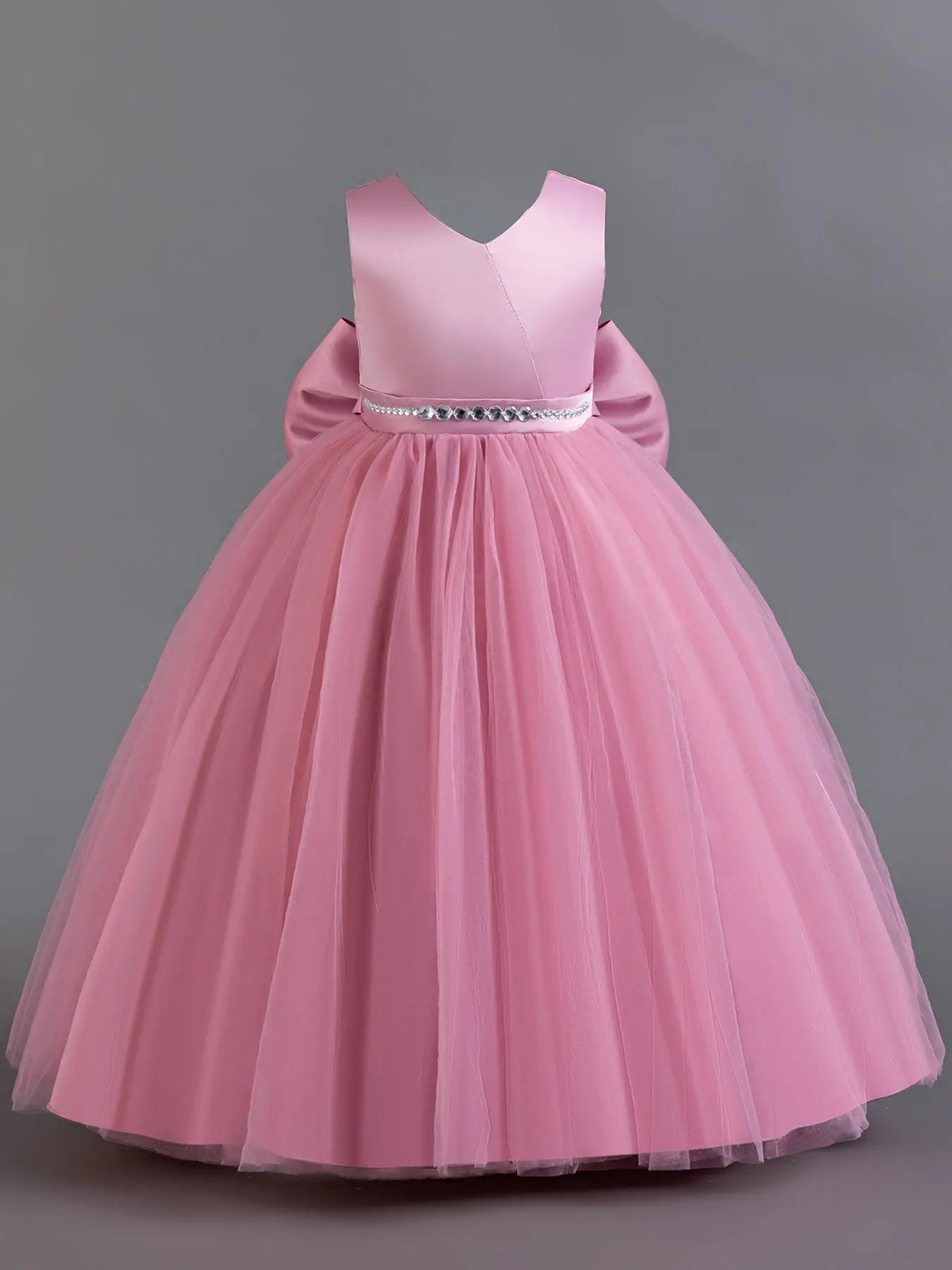 Girl's Rhinestone Decor Big Bow Design Contrast Mesh Fit and Flare Dress, Elegant Sleeveless V Neck Tulle Dress for Party Performance Wedding Guest, K