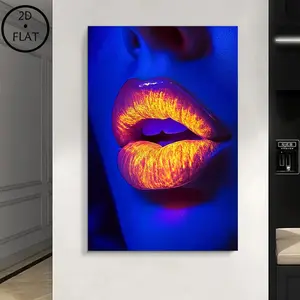 2D Flat Neon Lust UV Reactive Lip Print Canvas Wall Art, Artwork, Modern Art Design - Vivid Blue and Orange Lip Print, 2D Flat Wooden Frame, Perfect for Bedroom and Living Room Decoration|Vivid Wall Art|Wooden Frame Art, Lip Print Art Decoration