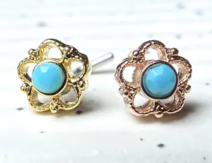 1pc Filigree Flower w/Turquoise Stone Center 20g L-Bend Nose Ring Stud Screw