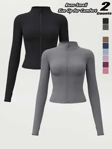 Women's High Elastic Stand Collar Thumb Hole Slim Fit Yoga Top, Breathable Long Sleeve Running Jacket, High Elasticity Jacket, Spring & Fall Sportswear, S-Xxxl Sizes，“Size Up for a Better Fit”