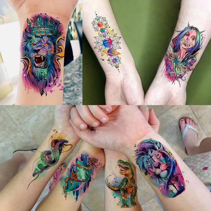 65/66 Sheets Watercolor Temporary Tattoos For Men Women Forearm Shoulder Legs Body Arm, 12 Sheets Long Lasting Lion Tiger Wolf Dragon Ealge Fake Tattoo Sleeve Adults, 53/54 Sheets Small Tatoos Kids